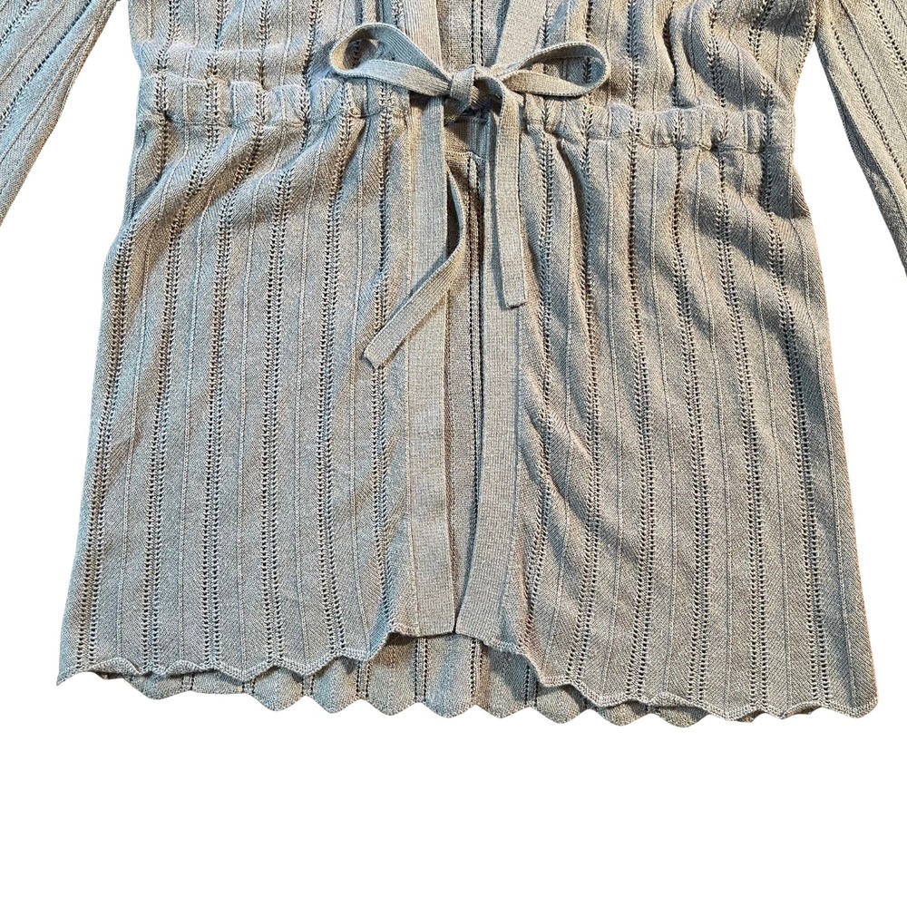 Vintage Gray Ribbed Knit Tie Waist Scalloped Hem Cardigan Sweater Small Y2K 90s - Picture 8 of 16